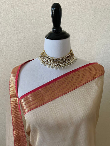 Maheshwari Cotton Silk Saree | Handloom Mark | Beige/Light Brown & Red | Ships from California